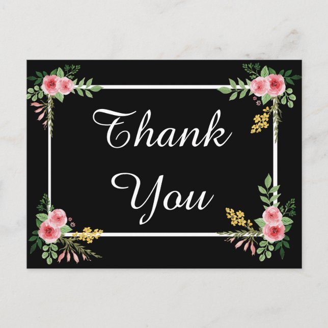 Floral Thank You Black and Pink Rose Flowers Postcard (Front)