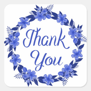 Floral Thank You Blue Watercolor Flower Wreath Square Sticker