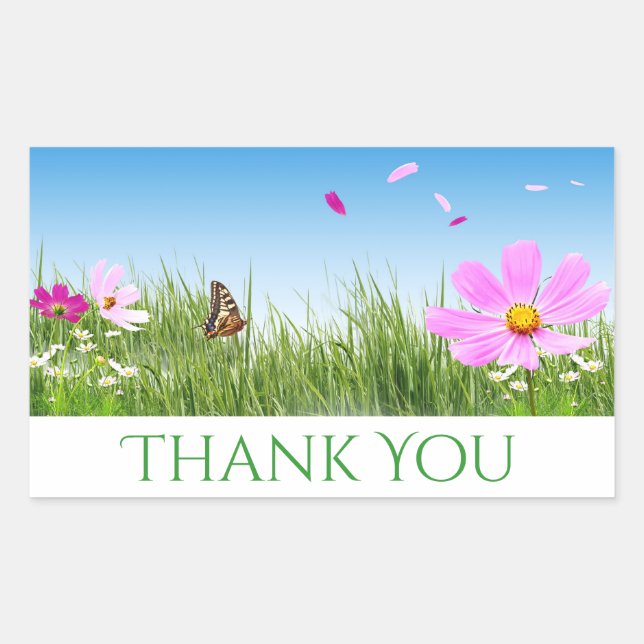 Floral Thank You Daisy Flowers, Blue Rectangular Sticker (Front)