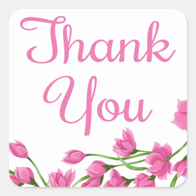Floral Thank You Fuchsia Pink Flowers Square Sticker (Front)