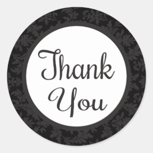 Floral Thank You Grey And Black Damask Classic Round Sticker
