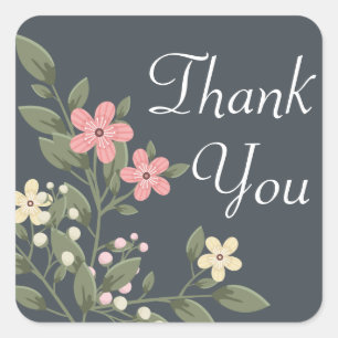 Floral Thank You Grey & Pink Flower Grey Wedding Square Sticker