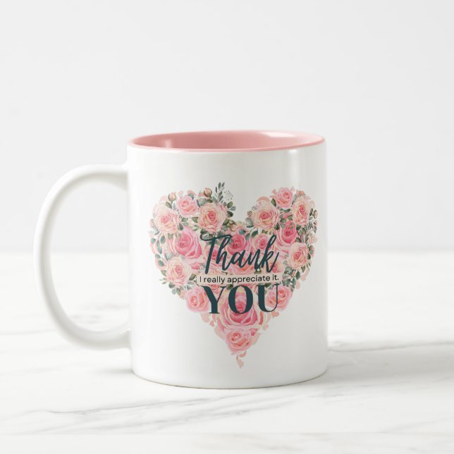Floral "thank you" : heart rose Two-Tone coffee mug (Left)