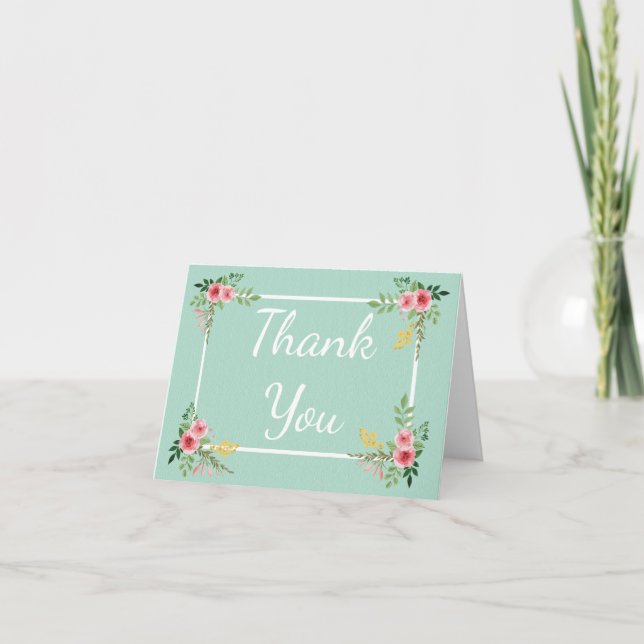 Floral Thank You Mint Green Pink Rose Flowers (Front)