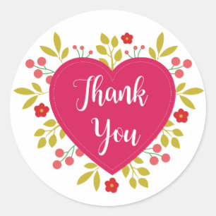 Floral Thank You Pink Fuchsia Red Heart Flowers Classic Round Sticker