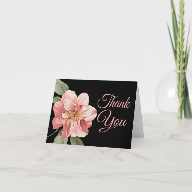 Floral Thank You Pink Lily Flower Black Note Card (Front)