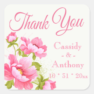Floral Thank You Pink Peony Flower Wedding Peonies Square Sticker