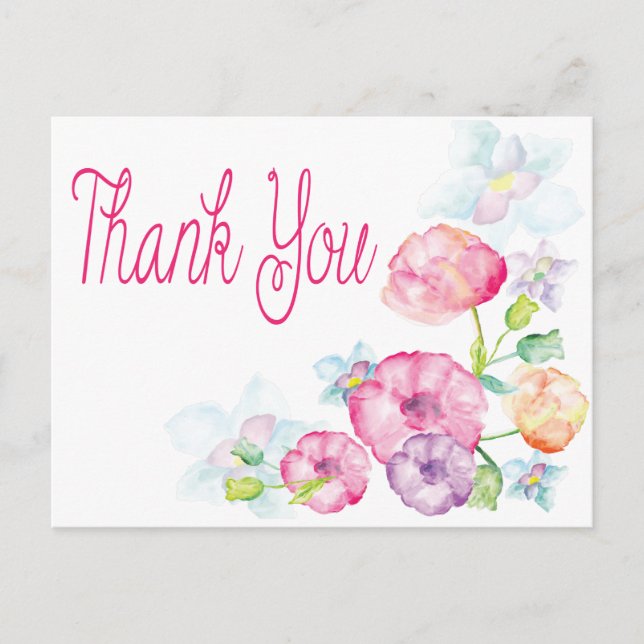 Floral Thank You Pink & Purple Watercolor Flower Postcard (Front)