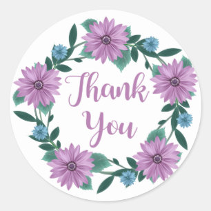 Floral Thank You Purple Daisy Flower Wreath Classic Round Sticker