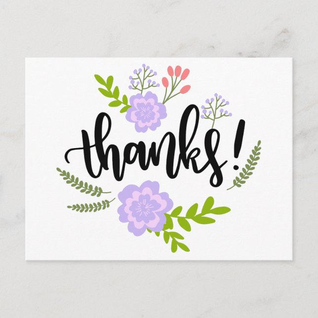 Floral Thank You Purple Flowers & Green Leaves Postcard (Front)