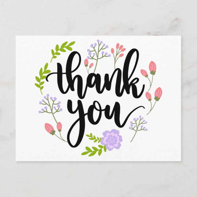 Floral Thank You Purple Pink Flower & Green Leaves Postcard (Front)
