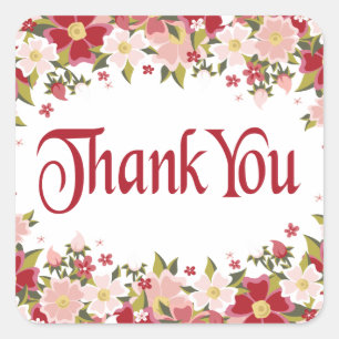 Floral Thank You Red Burgundy & Pink Flowers Square Sticker