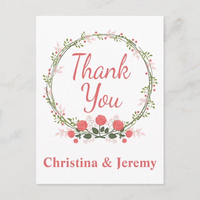 Floral Thank You Rose Flower Wreath Personalised Postcard (Front)