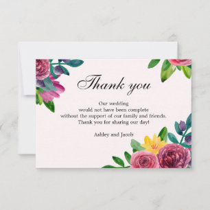 Floral thank you. Watercolor flowers wedding note Invitation