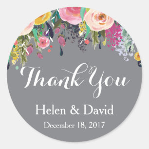 Floral Thank You Wedding Favour Stickers Grey