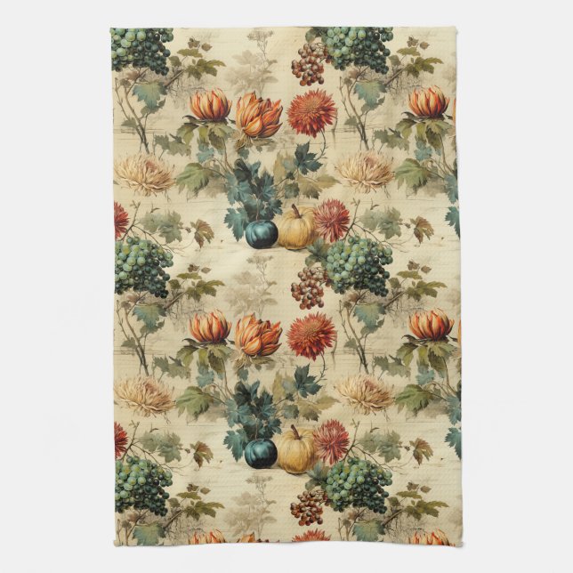 Floral Thanksgiving Vintage Pattern (2) Tea Towel (Vertical)