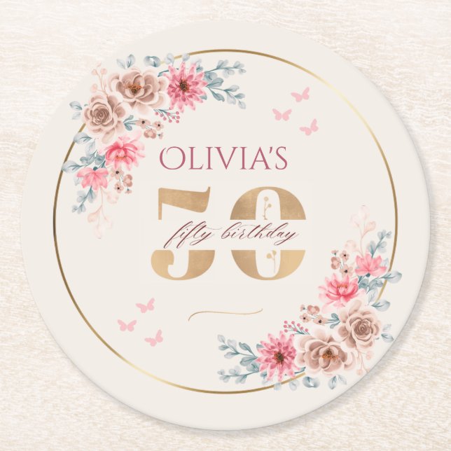 Floral Theme 50th Birthday Round Paper Coaster (Front)