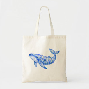 Floral Theme Pottery Blue Whale Tote Bag