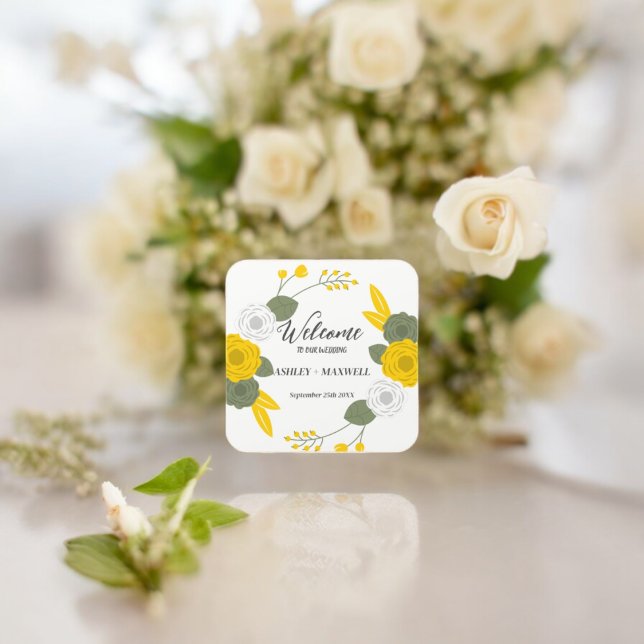 Floral Theme Welcome Square Sticker (Floral Wedding party theme sticker,birthday party sticker,gift pack,envelope,return gift sticker)