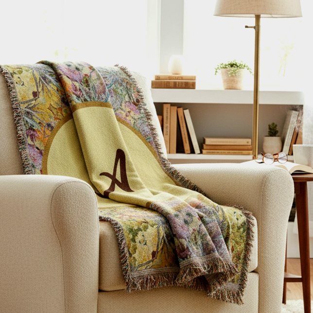 Floral Thistle Colourful Monogrammed Boho Chic Throw Blanket (Creator Uploaded)