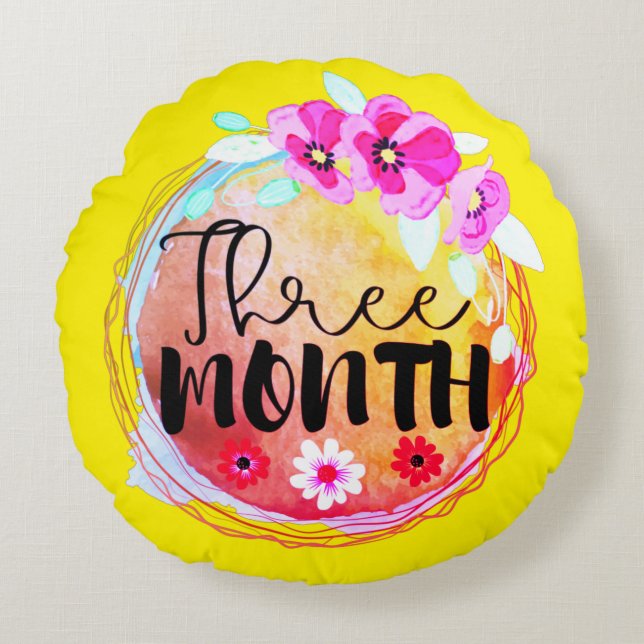 Floral Three Month Old Baby Milestone Label Round Cushion (Front)
