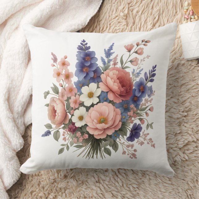 Floral Throw Pillow Elegant Spring Bouquet Cushion (Blanket)