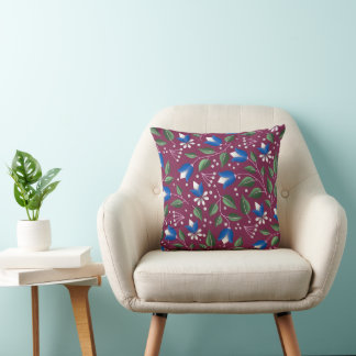 Floral Throw Pillow in Burgundy and Deep Blue