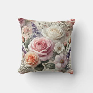 Floral Throw Pillow with Pink and White Roses