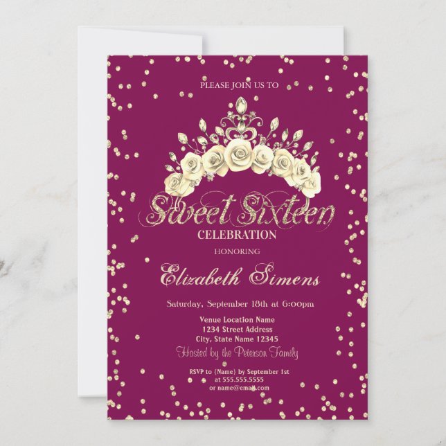 Floral Tiara Diamonds Princess Sweet 16 Invitation (Front)