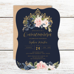 Floral Tiara Navy Blush Quinceanera  Invitation
