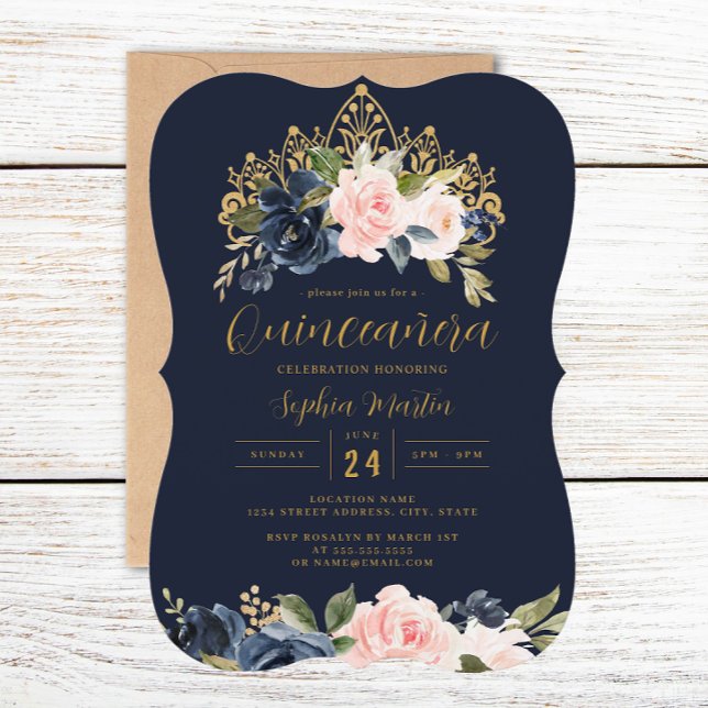 Floral Tiara Navy Blush Quinceanera  Invitation (Creator Uploaded)