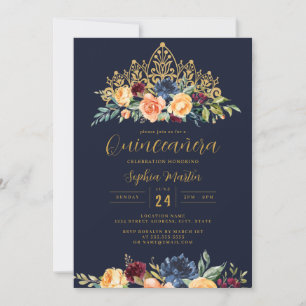 Floral Tiara Navy Burgundy Quinceanera  Invitation