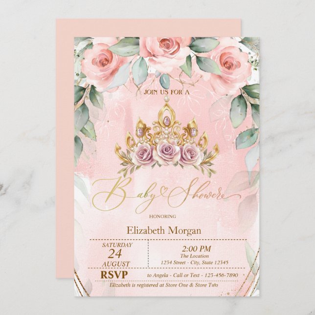 Floral Tiara Roses Baby Shower Invitation (Front/Back)