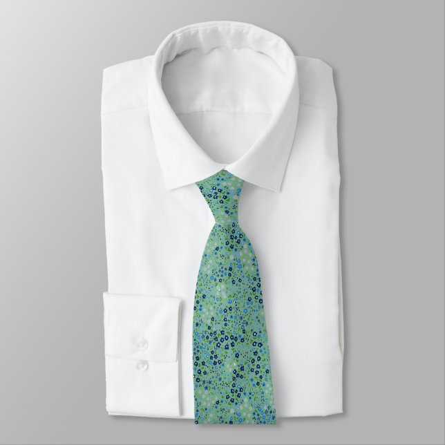 Floral Tie Green and Blue Flowers Hand Drawn  (Tied)