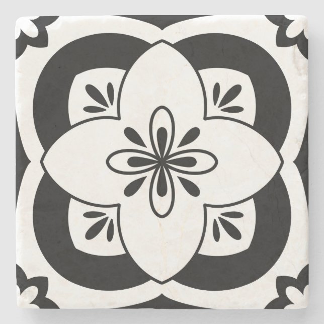 Floral Tile Coaster - Black (Front)