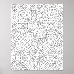 Floral Tile Pattern Coloring Page with Heart Motif Poster