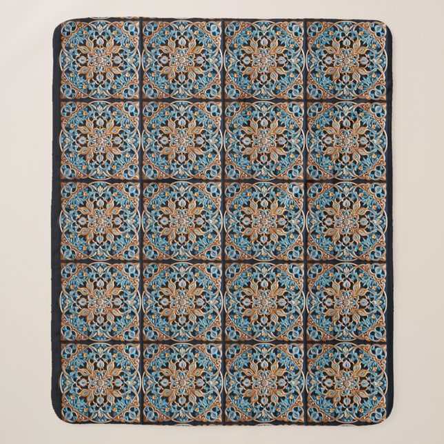Floral Tile Pattern Faux Ceramic Sherpa Blanket (Front)