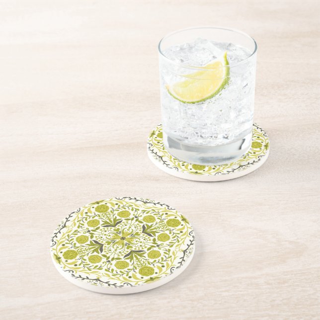 Floral tiles in green coaster (Side)