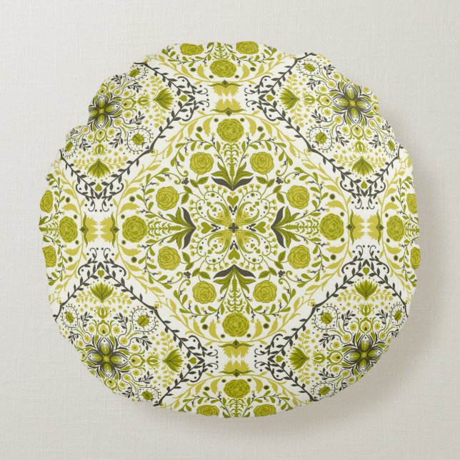 Floral tiles in green round cushion (Front)