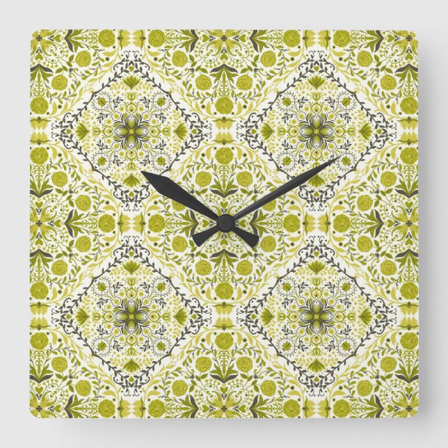 Floral tiles in green square wall clock (Front)