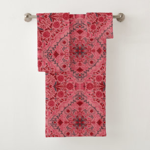 Floral tiles in red and watermelon pink bath towel set