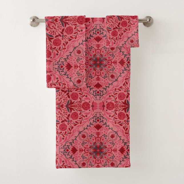Floral tiles in red and watermelon pink bath towel set (Insitu)