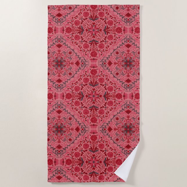 Floral tiles in red and watermelon pink beach towel (Front)