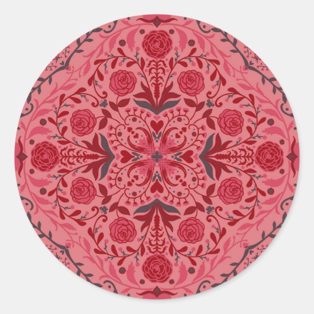 Floral tiles in red and watermelon pink classic round sticker (Front)