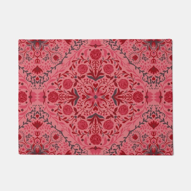 Floral tiles in red and watermelon pink doormat (Front)