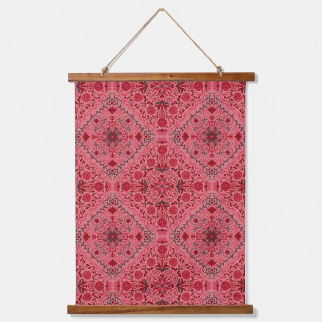 Floral tiles in red and watermelon pink hanging tapestry (Front)