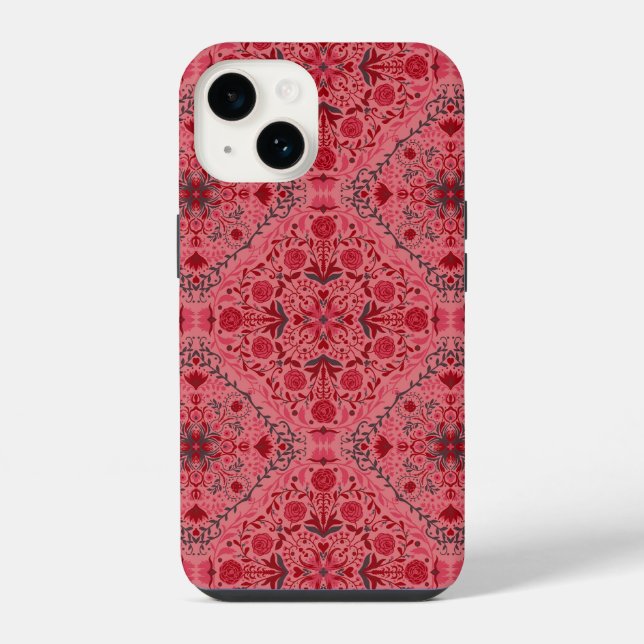 Floral tiles in red and watermelon pink iPhone case (Back)