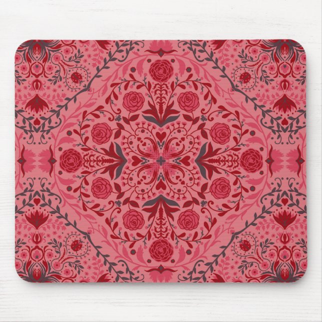 Floral tiles in red and watermelon pink mouse pad (Front)