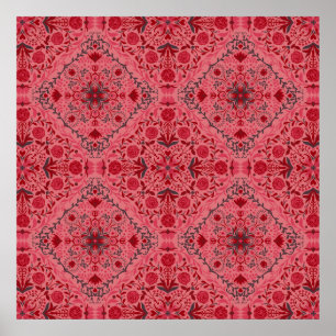 Floral tiles in red and watermelon pink poster