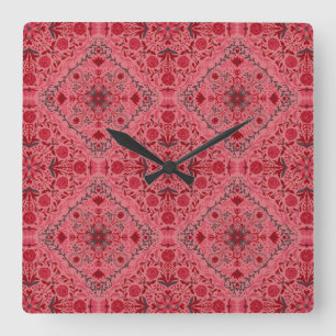Floral tiles in red and watermelon pink square wall clock